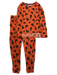 Womens Orange Cat Halloween Pajamas Long Sleeve Top & Pants Sleep Set