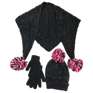 Capelli Girls Black Sparkle Triangle Scarf Beanie Hat & Gloves Set