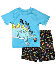 Boys Blue & Black Dinosaur Swim Trunks & Rash Guard Set Board Shorts