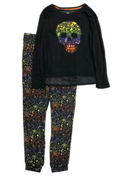 Womens Rainbow Skull Halloween Pajamas Long Sleeve Top & Pants Sleep Set