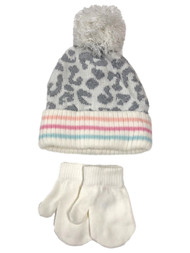 Toddler Girls White & Silver Leopard Print Winter Beanie Hat & Mittens Set