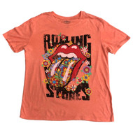Womens Orange Floral Rolling Stones Rocker Band T-Shirt Tee Shirt