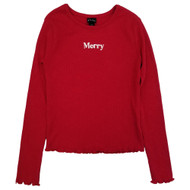 Girls Long Sleeve Red Merry Ribbed Shirt Christmas Holiday T-Shirt Tee