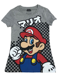 Womens (Juniors) Gray Check Super Mario Gamer T-Shirt Tee Shirt