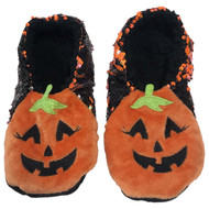 Womens Plush Black Flip Sequin Halloween Pumpkin Ballet Slippers Socks