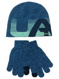 Under Armour Boys Blue Knit Beanie Hat & Gloves Cold Weather Set