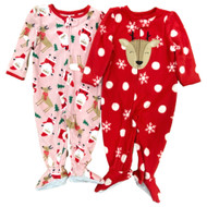 Carters infant Girls 2 PC Red Pink Fleece Reindeer Christmas Sleeper Pajamas 12m