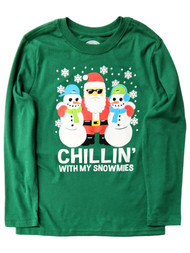 Boys Green Chillin' With My Snowmies Long Sleeve Christmas Tee Shirt T-Shirt M 8
