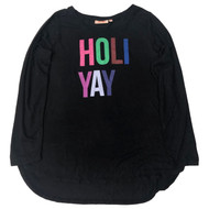 Plus Size Womens Soft Black Rainbow Holi Yay Long Sleeve Holiday Tee Shirt