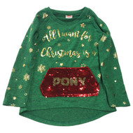 Girls Long Sleeve Green Flip Sequin Pony & Unicorn Christmas Tee Shirt