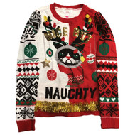 Junior Womens Blingy Cat Naughty But Nice Christmas Holiday Sweater Small