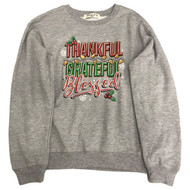 Womens Jrs Gray Thankful Grateful Blessed Christmas Holiday Sweatshirt