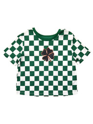 Girls St. Patricks Day Green & White Check Shamrock Crop T-Shirt Tee