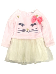 Infant & Toddler Girls Pink Embroidered Kitty Long Sleeve Tulle Dress