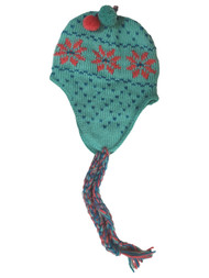 Womens Braided Green & Pink Snowflake Print Trapper Hat