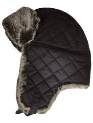 Womens Plush Black & Gray Quilted Trapper Hat