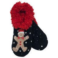 Womens Plush Black & Red Gingerbread Man Christmas Holiday Slippers OSFM