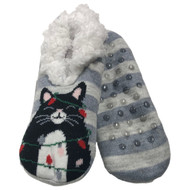Womens Plush Gray Kitty Cat Christmas Holiday Slipper Socks OSFM