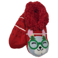Womens Plush Red & Gray Llama Christmas Holiday Slipper Socks OSFM