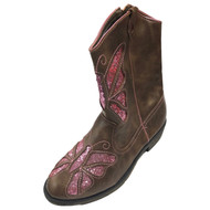 Girls Brown & Pink Sparkle Butterfly Cowboy Boots