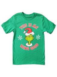 Boys Green Grinch "This Is Me Being Good" Christmas Holiday T-Shirt Tee