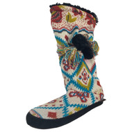 Muk Luks Womens Beige & Blue Geometric Print Plush Bootie Slippers