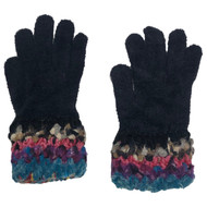 Womens Soft Plush Knit Gloves With Yarn Cuff Black Pink & Blue