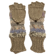 Womens Silky Long Tan & Purple Knit Convertible Fingerless Gloves & Mitten Tops