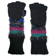 Womens Silky Long Black Purple Knit Convertible Fingerless Gloves & Mitten Tops