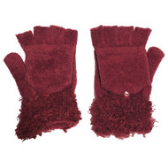 Womens Silky Soft Burgundy Fringe Fingerless Convertible Gloves with Mitten Tops