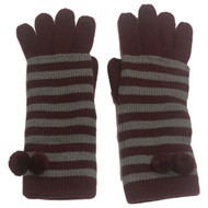 Womens Layered Burgundy Maroon & Gray Striped Knit Gloves