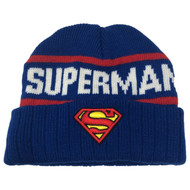 Mens Blue Ribbed Cuffed Superman Beanie Stocking Cap Winter Hat