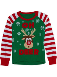 Girls Green Reindeer Oh Deer! Ugly Christmas Sweater Holiday Knit Sweater