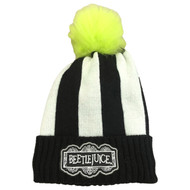 Womens Black & White Striped Beetlejuice Halloween Beanie Stocking Cap Hat