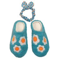 Womens Plush Blue & Orange Daisy Flower Easter Egg Scuff Style Slippers 7-8