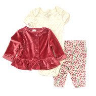 Carters Infant Girls 3-Piece Velvety Pink Cardigan Bodysuit & Pants Set 0-3 M