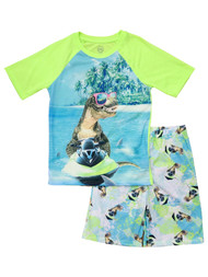 Boys Blue & Green T-Rex Short Sleeve T-Shirt & Shorts Pajama Set Large 10-12