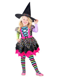 Toddler Girls Polka Dot & Stipes Pink Black Witch Dress Halloween Costume