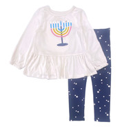 Toddler Girls Hanukkah Long Sleeve Menorah Top & Blue Star Leggings Outfit 3T