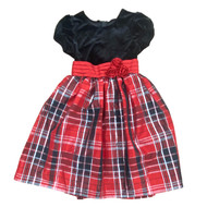 Girls Short Sleeve Red & Black Metallic Short Sleeve Plaid Christmas Dress