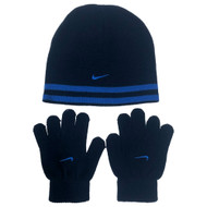 Nike Boys Blue Knit Beanie Hat & Gloves Cold Weather Set