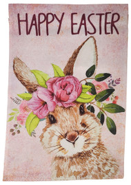 Pink Happy Easter Floral Crowned Brown Bunny Rabbit Decorative Garden Flag 12 by 18