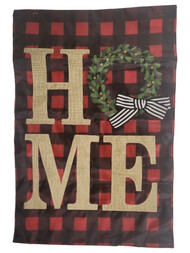 Merry Christmas Happy Holidays Burlap HOME Buffalo Plaid Wreath Bow Garden Flag