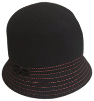 Womens Black Wool Formed Bucket 5.5 Inch Tall Red Stitch