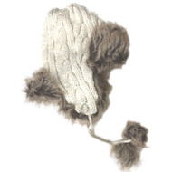 Womens White Cable Knit Fleece Lined Trapper Hat Cap