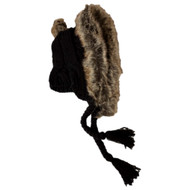 Womens Black Knit Trapper Hat Brown Fluffy Trim & Ears