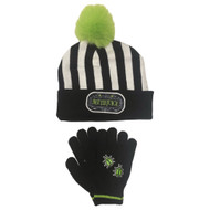 Boys & Gilrls Black Stripe Beatlejuice Beanie Hat & Gloves Set Halloween