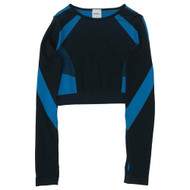 Womens Long Sleeve Black & Blue Color Block Crop Style Athletic Tee Shirt