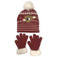 Rudolph the Red Nosed Reindeer Womens Red Beanie Stocking Cap Hat & Gloves Set