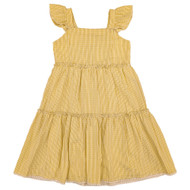 Girls Long Tiered Yellow Shimmer Ruffle Sleeve Lined Spring Summer Dress